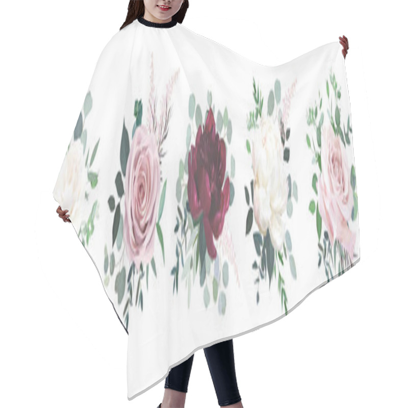 Personality  Greenery, Burgundy Red And White Peony, Blush Rose Flowers Vector Hair Cutting Cape