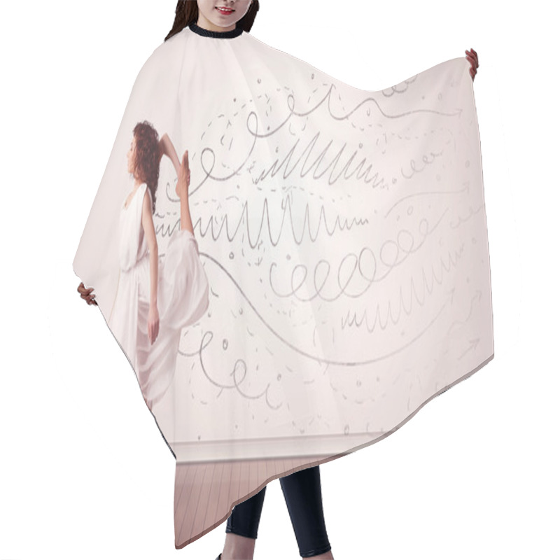 Personality  Pretty Woman Jumping With Hand Drawn Lines And Arrows Come Out Hair Cutting Cape