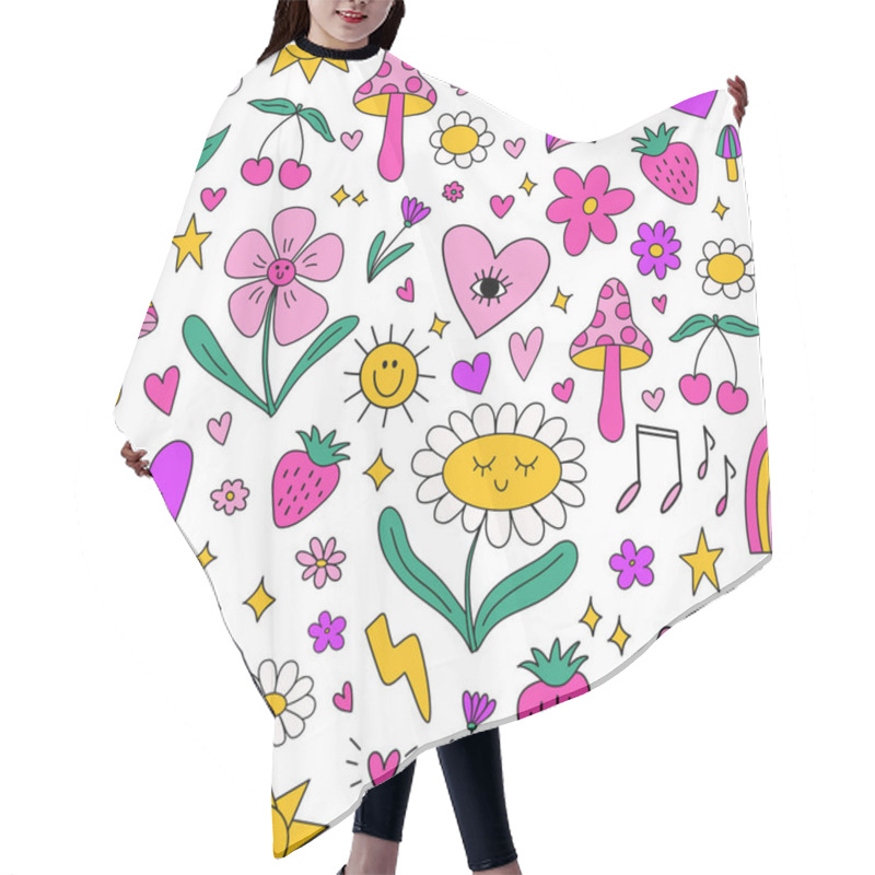 Personality  Seamless Pattern Background With Many Various Different Small Cute Kawaii Y2k Doodle Elements - Daisy Chamomile Flowers, Smile Face, Psychedelic Trippy Groovy Mushrooms, Hearts, Stars, Sun, Cherry Hair Cutting Cape