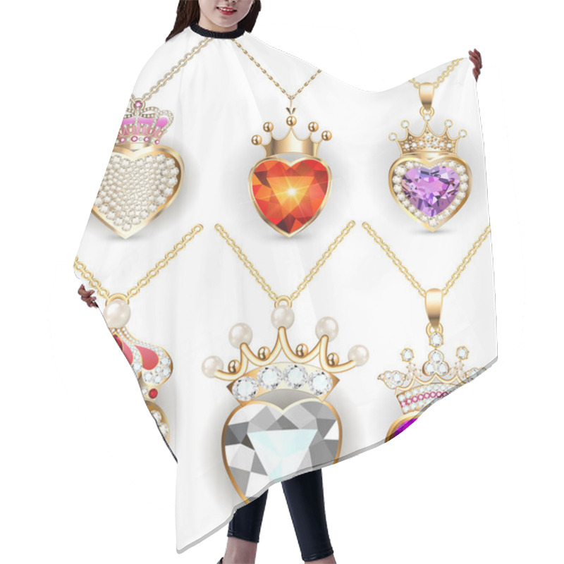 Personality  Illustration Set Of Pendants With Heart And Crown Of Precious Stones On White Background Hair Cutting Cape