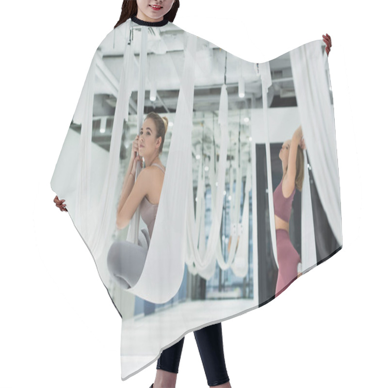 Personality  Young Woman Looking Away While Sitting In Lotus Pose In Aerial Yoga Hammock Hair Cutting Cape