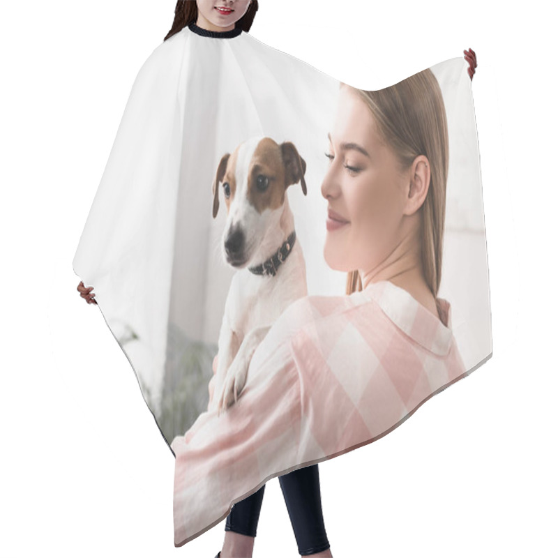 Personality  Young Cheerful Woman Holding In Arms Jack Russell Terrier In Living Room  Hair Cutting Cape