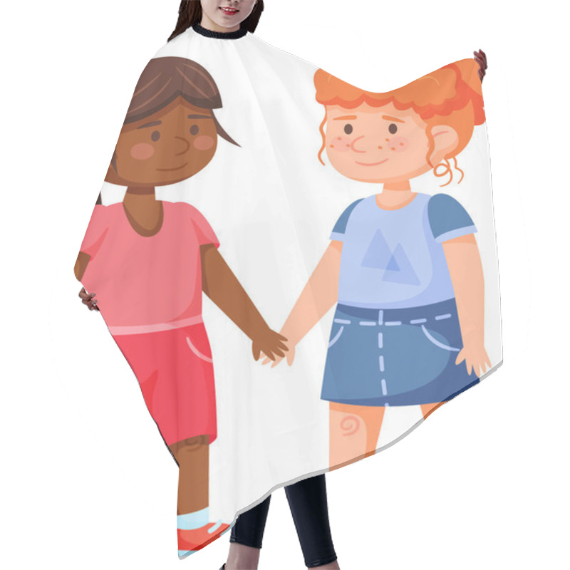 Personality  Two Young Girls, One African American And One Caucasian With Red Hair And Freckles, Stand Side By Side Holding Hands, Smiling And Demonstrating Interracial Friendship And Unity Hair Cutting Cape