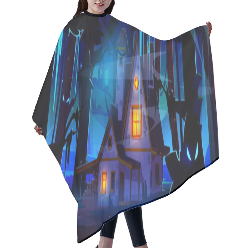 Personality  Spooky Forest Landscape With House Under Moon Light. Creepy Magic Haunted Woodland. Scary Night Cartoon Scenery With Light In Windows Of Cottage, Woods With Mystic Glow And Fog. Fantasy Fairy Shack. Hair Cutting Cape