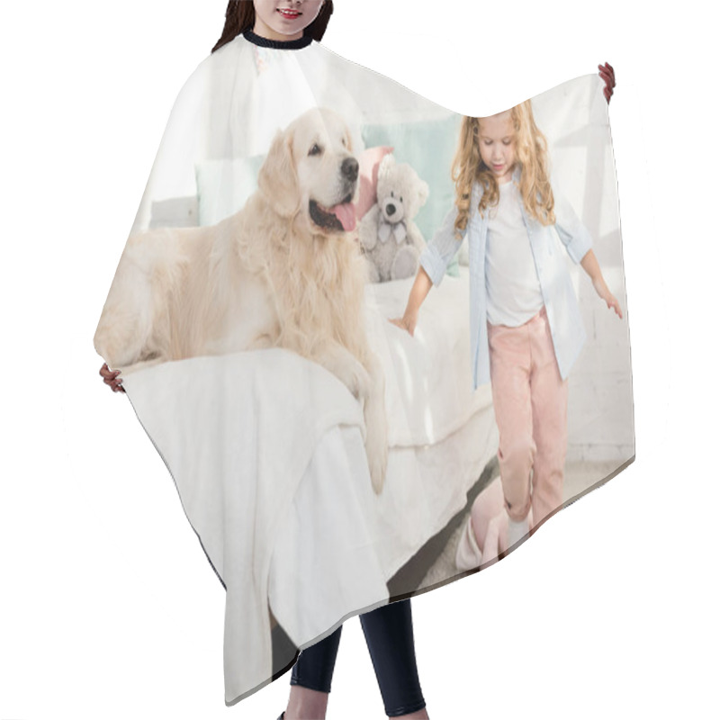 Personality  Adorable Child Standing Near Bed With Dog In Children Room Hair Cutting Cape