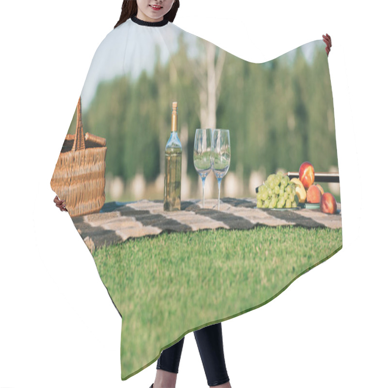 Personality  Picnic With Glasses, Bottle Of White Wine, Fruits And Wicker Basket On Blanket On Grass Hair Cutting Cape