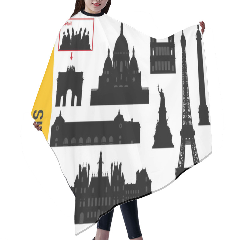 Personality  Plank Of Pictograms Representing The Main Monuments Of Paris In The Form Of Detailed Silhouette. With The Eiffel Tower, Montmartre Or City Hall. Hair Cutting Cape