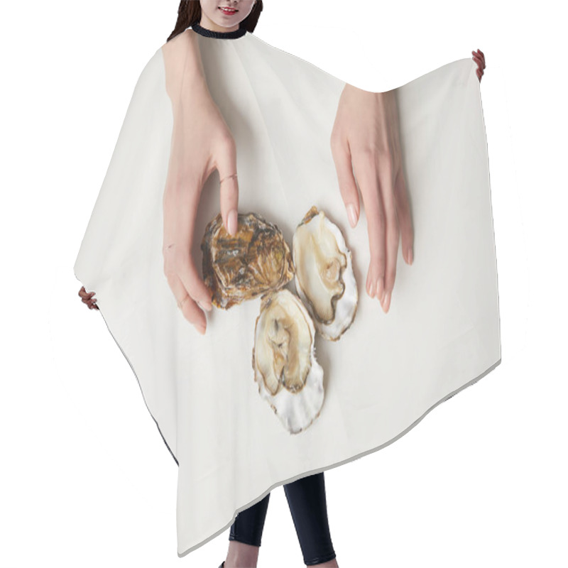 Personality  Female Hands With Fresh Oysters On White Table Hair Cutting Cape