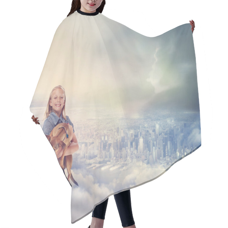 Personality  Young Blonde Girl With Her Dog On Clouds Hair Cutting Cape