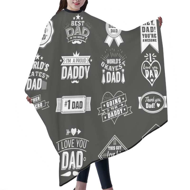 Personality  The Variety Of Black And White Dad Signs. Isolated Happy Fathers Day Quotes On The Black Background. Daddy Congratulation Label, Badge Vector Collection. Mustache, Hat, Stars Elements For Your Design. Hair Cutting Cape