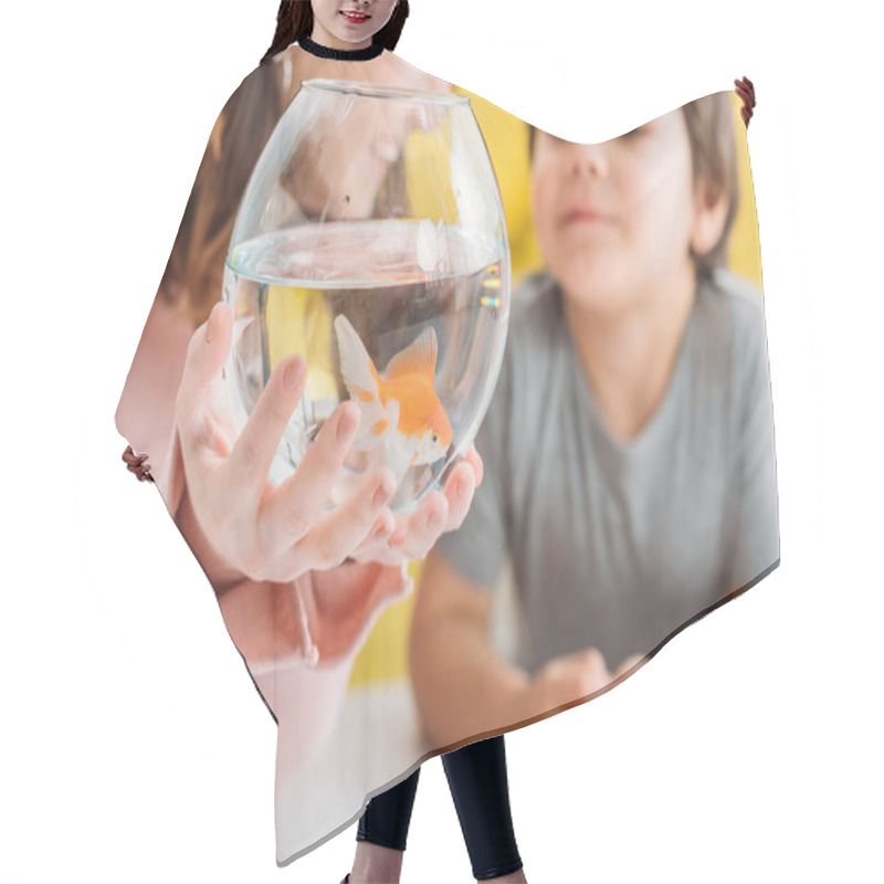 Personality  Partial View Of Smiling Woman Holding Fish Bowl With Bright Gold Fish Near Cute Son Hair Cutting Cape