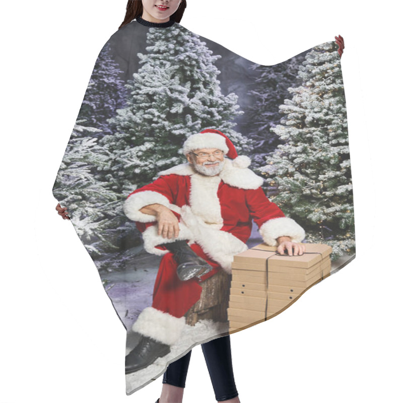 Personality  A Cheerful Figure Dressed As Santa Prepares Gift Boxes Amid Snow Covered Trees During Winter. Hair Cutting Cape