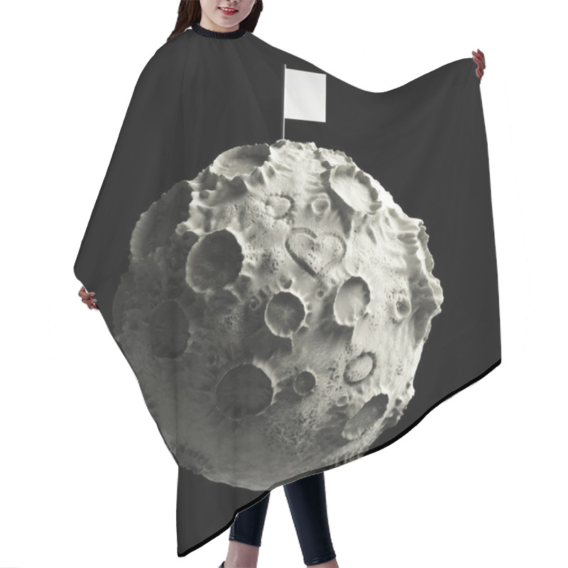 Personality  Moon with craters heart scratched surface and blank flag on top. High quality rendering. Isolated. hair cutting cape