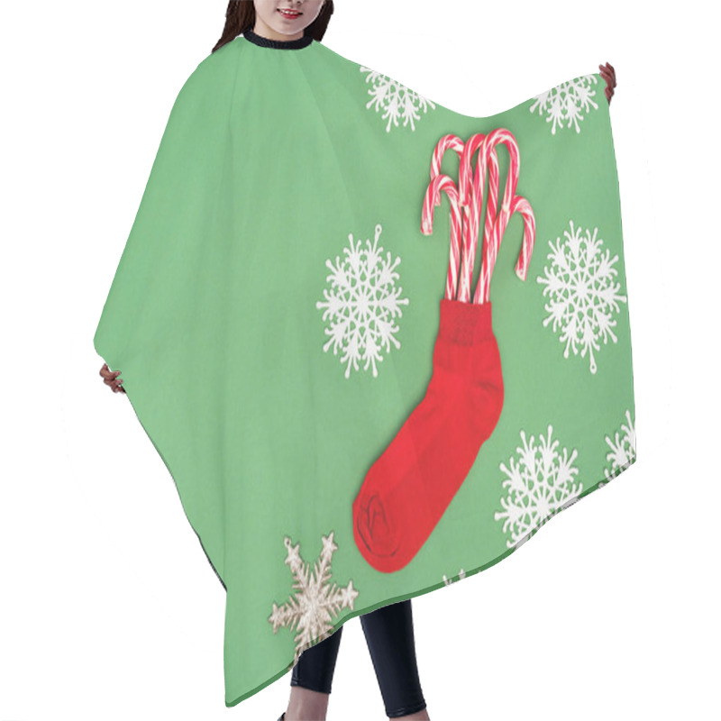 Personality  Red Christmas Stocking With Candy Canes Near Decorative Snowflakes On Green Hair Cutting Cape