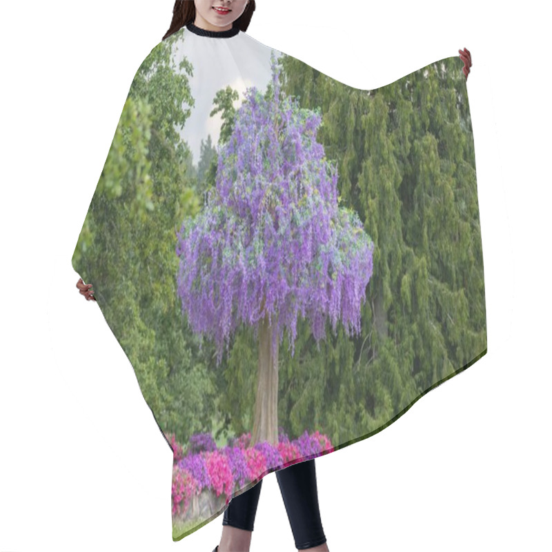 Personality  A Beautiful Garden Scene Featuring A Tree Adorned With Cascading Purple Flowers, Surrounded By Vibrant Flower Beds And Lush Greenery. Hair Cutting Cape