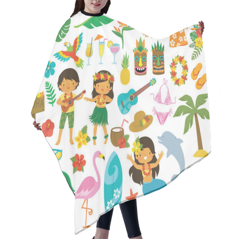 Personality  Tropical Clipart Set. Hawaii Hula Dancers, Beach Related Items And Other Cartoons For Summer. Hair Cutting Cape