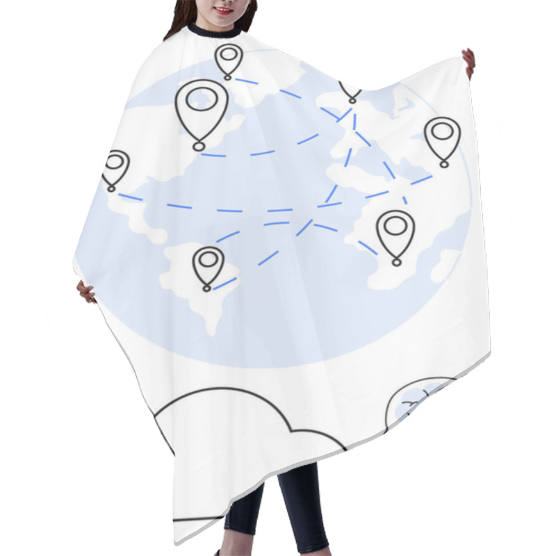 Personality  Network Of Location Markers Connected Across The Globe, Cloud, Human Head With Brain. Ideal For Technology, Communication, Networking, Cloud Computing, Global Reach Connectivity Data Sharing. Line Hair Cutting Cape