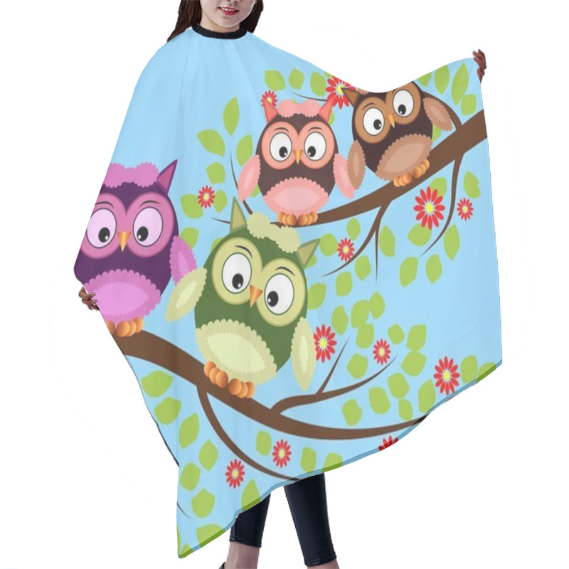 Personality  Bright Cute Cartoon Owls Sit On The Flowering Branches Of Fantastic Trees Hair Cutting Cape