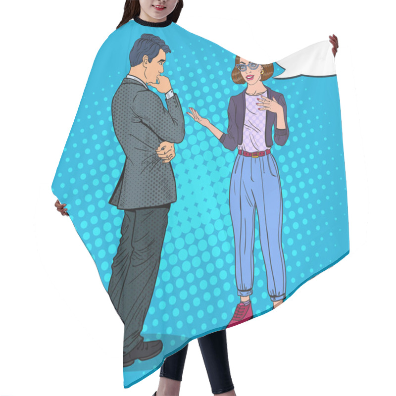 Personality  Young Woman Talking With Man. Business Meeting. Pop Art Vector Illustration Hair Cutting Cape