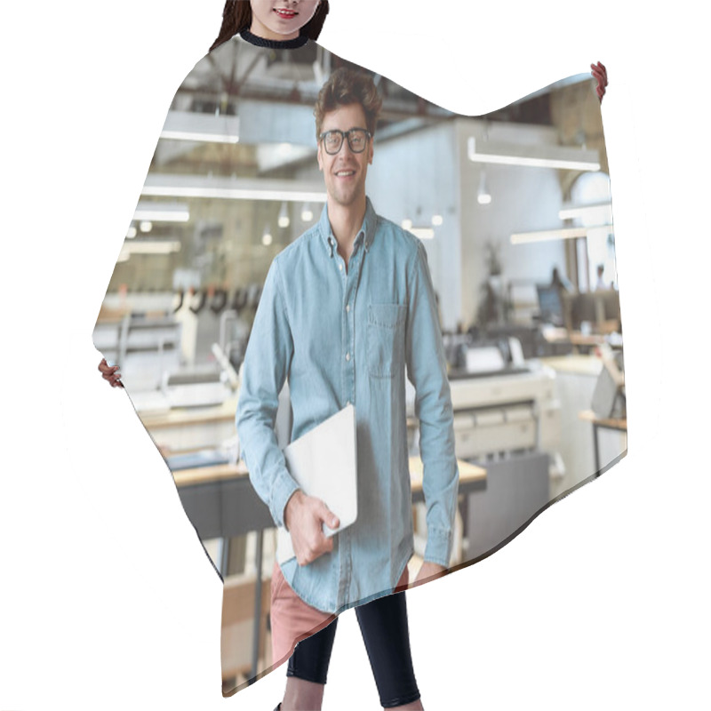 Personality  Keep Calm And Work Hard. Young Businessman Posing In Office Hair Cutting Cape