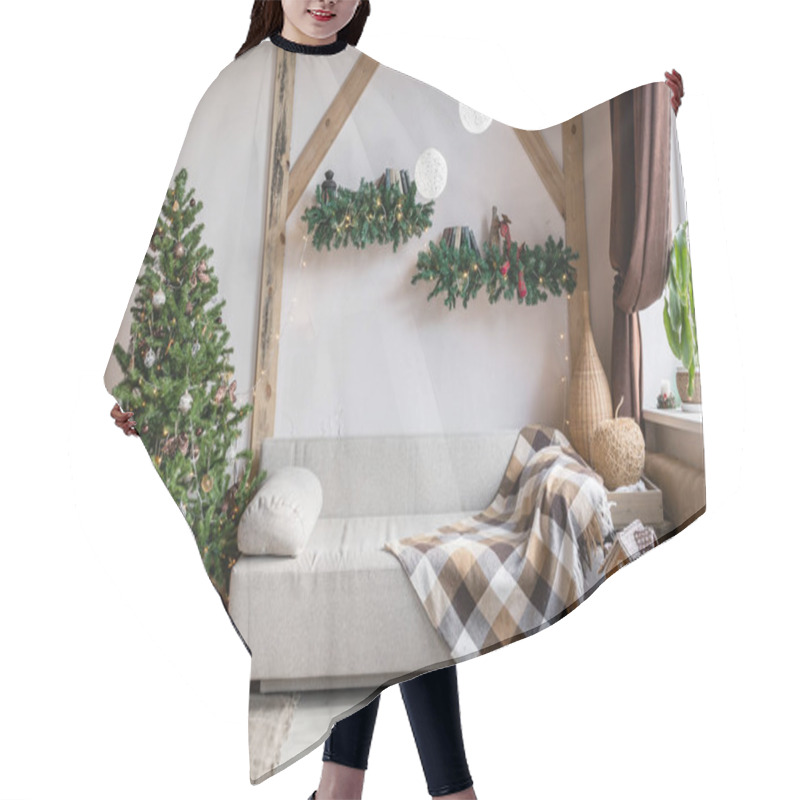 Personality  Xmas In Morning Living Room. Sofa Bed In Christmas Interior. Celebrate The New Year And Holidays. Christmas Tree And Gingerbread House Hair Cutting Cape