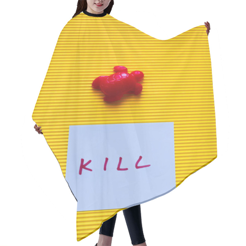 Personality  Top View Of Blue Card With Kill Lettering Near Red Turtle Toy On Yellow Background Hair Cutting Cape