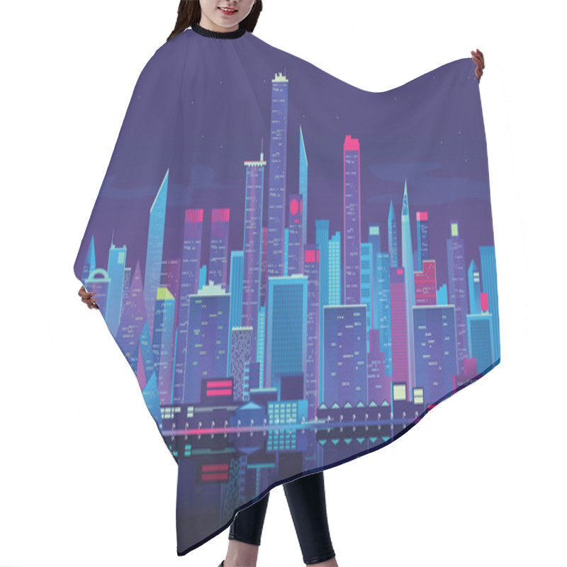 Personality  Neon Buildings In New York City Downtown With Light From Windows At Night Sky. Hair Cutting Cape