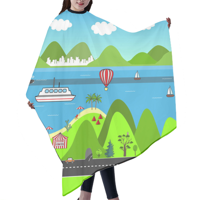 Personality  Cartoon Vector Map. Flat Design Nature Scene. Sea Landscape With Mountains, Beach, And Road. Hair Cutting Cape