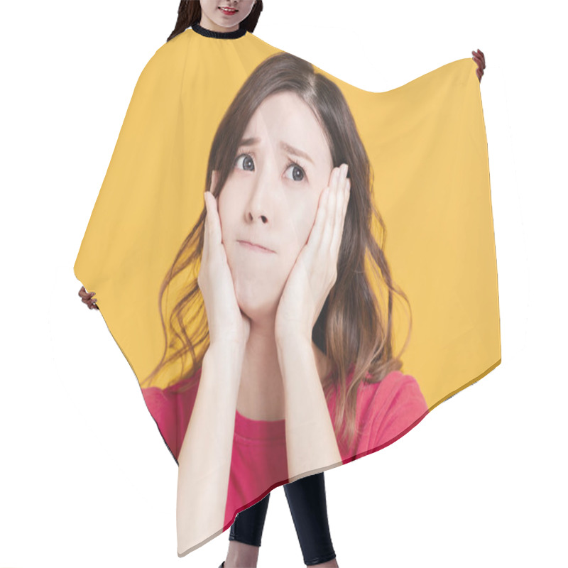 Personality  Portrait Of An Upset Unsatisfied Asian Woman Hair Cutting Cape