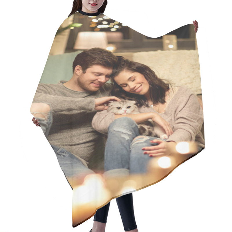 Personality  Pets, Hygge And People Concept - Happy Couple With Cat At Home Hair Cutting Cape