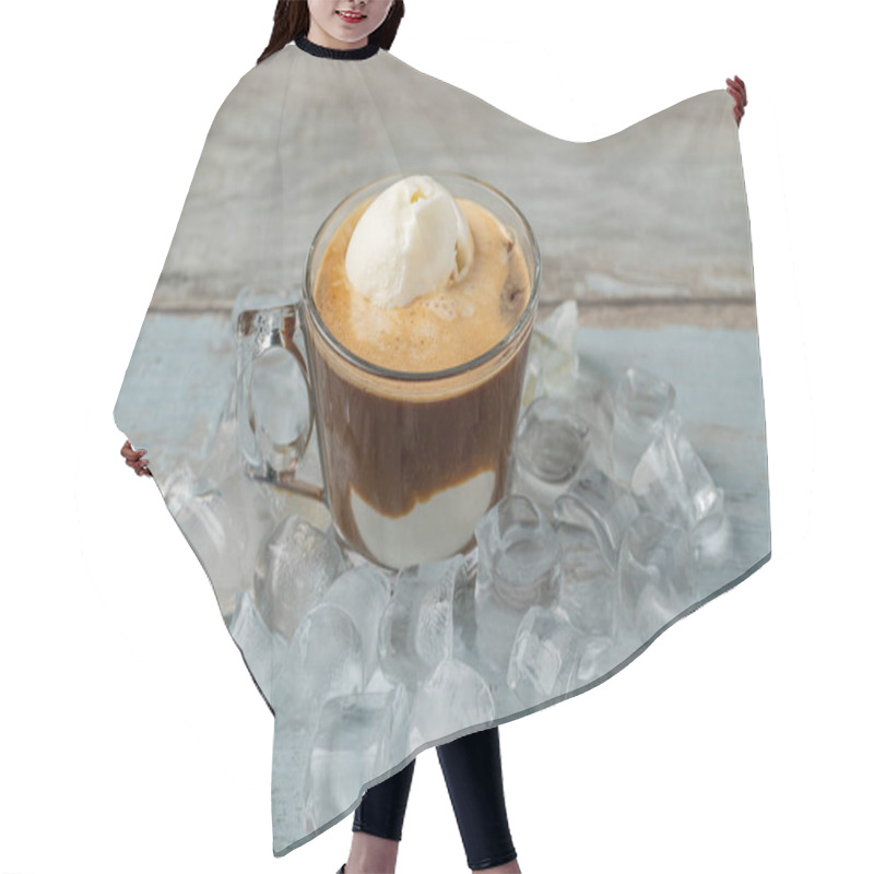 Personality  Affogato Coffee With Vanilla Ice Cream In A Glass Cup On Wooden Table Hair Cutting Cape