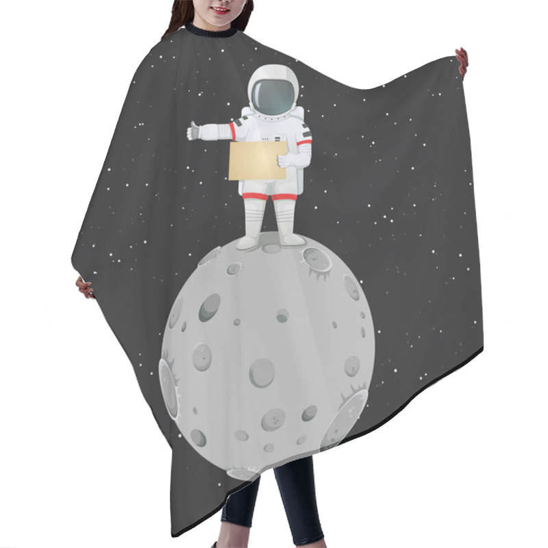 Personality  Astronaut On The Moon With Blank Sign Making Hitchhiker's Gesture. Vector Illustration. Dark Cosmos With Stars On The Background. Hair Cutting Cape