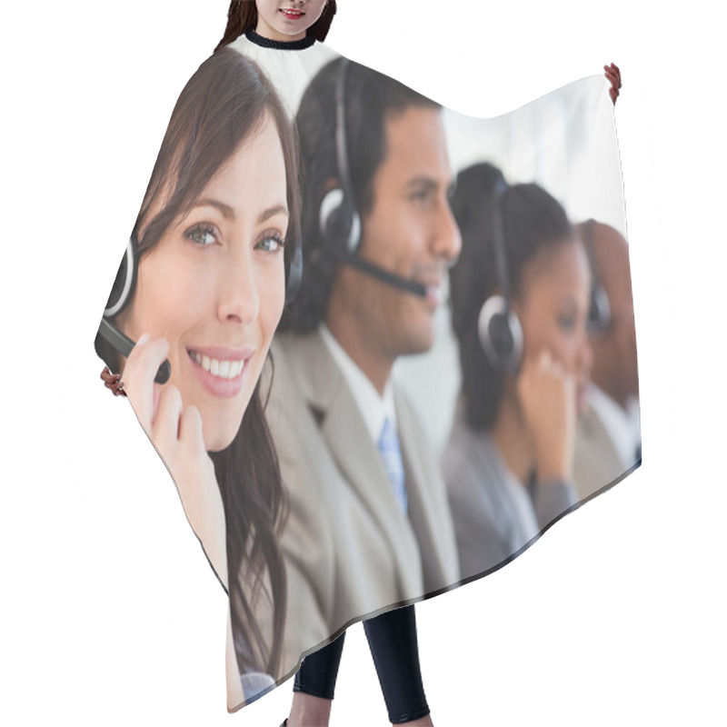 Personality  Smiling Employee Working With A Headset While Looking At The Cam Hair Cutting Cape