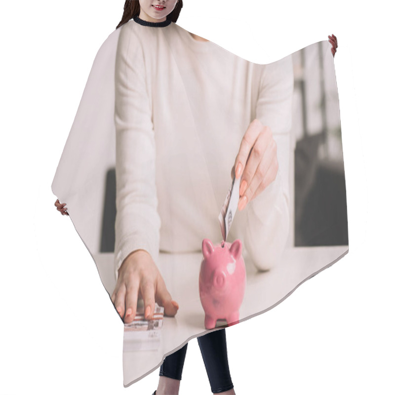 Personality  Mid Section Of Woman Putting Russian Rubles Into Piggy Bank, Savings Concept  Hair Cutting Cape