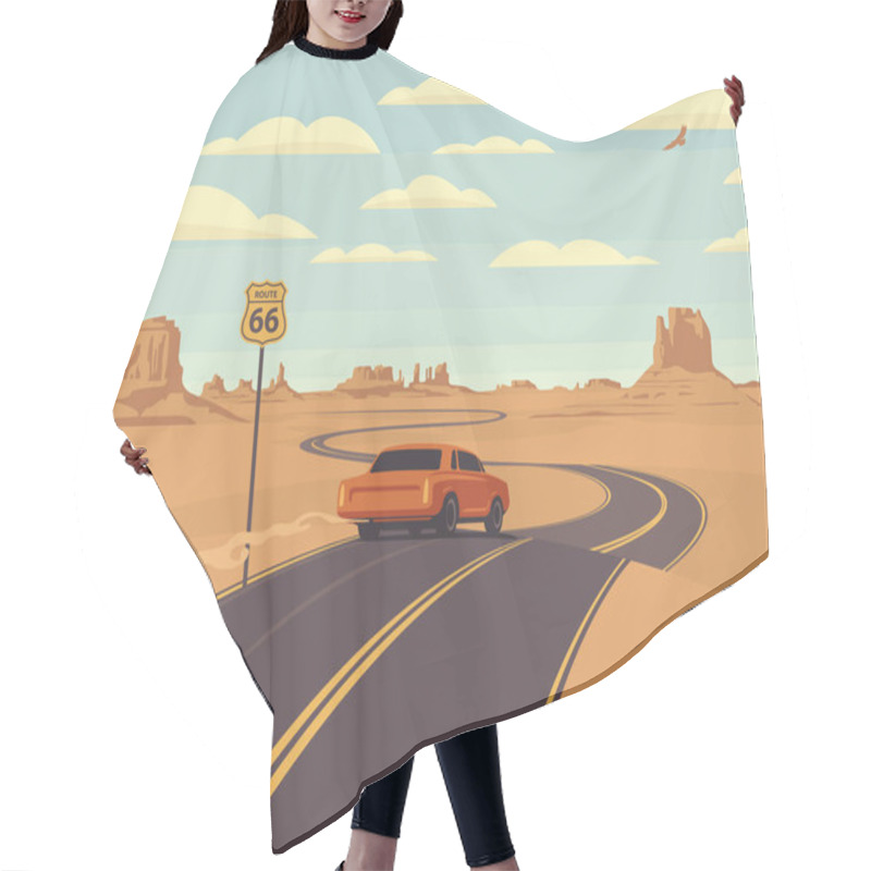 Personality  Vector Illustration Of A Highway And A Receding Red Car In The Desert And Mountains. Summer Landscape With An Endless Road. Historic US Route 66, Roadway With A Sign, A Horizon With A Sandy Wasteland Hair Cutting Cape