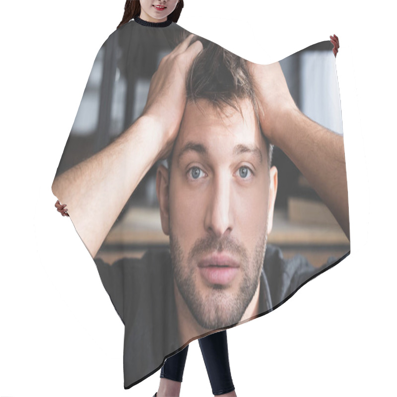 Personality  Handsome Man With Panic Attack Touching Head In Apartment  Hair Cutting Cape