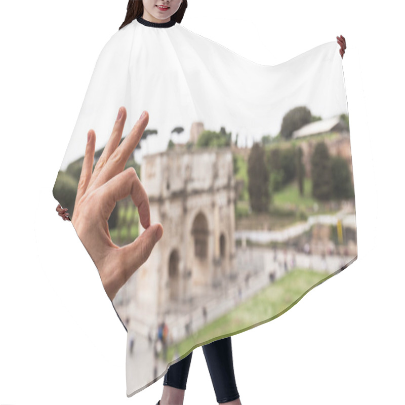 Personality  ROME, ITALY - JUNE 28, 2019: Partial View Of Man Showing Okay Sign In Front Of Arch Of Constantine Hair Cutting Cape