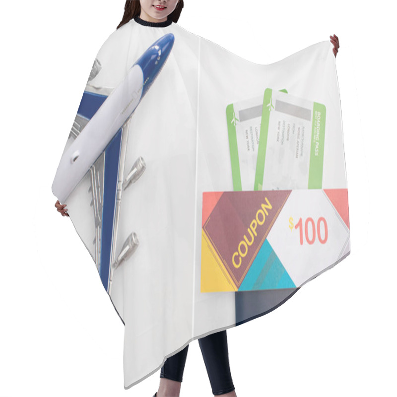 Personality  Collage Of Toy Airplane And Coupon On Passport With Air Tickets On White Background Hair Cutting Cape