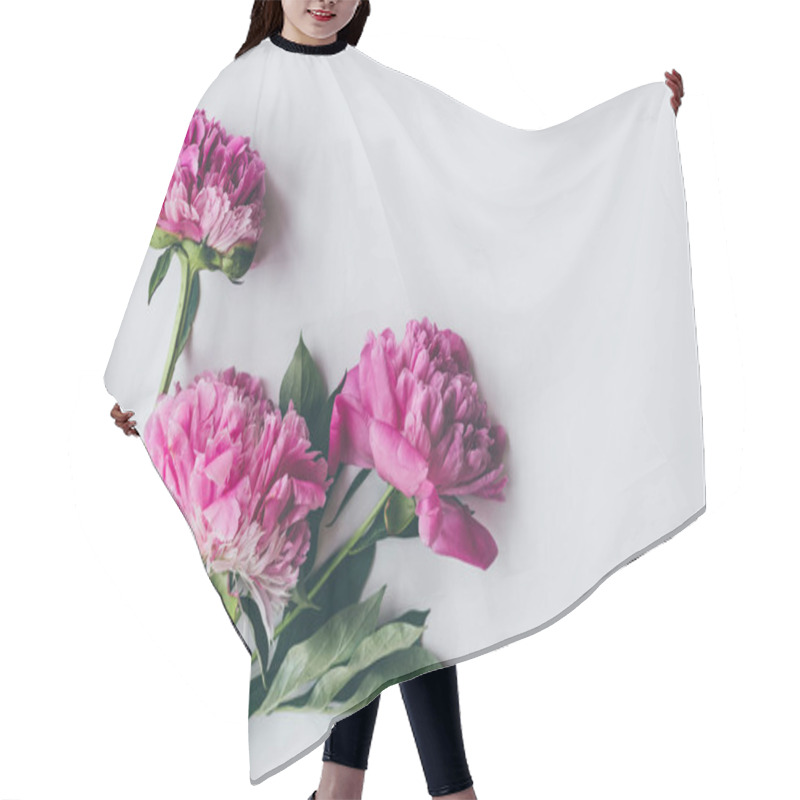 Personality  Top View Of Pink Peony Bloom With Leaves On White Hair Cutting Cape