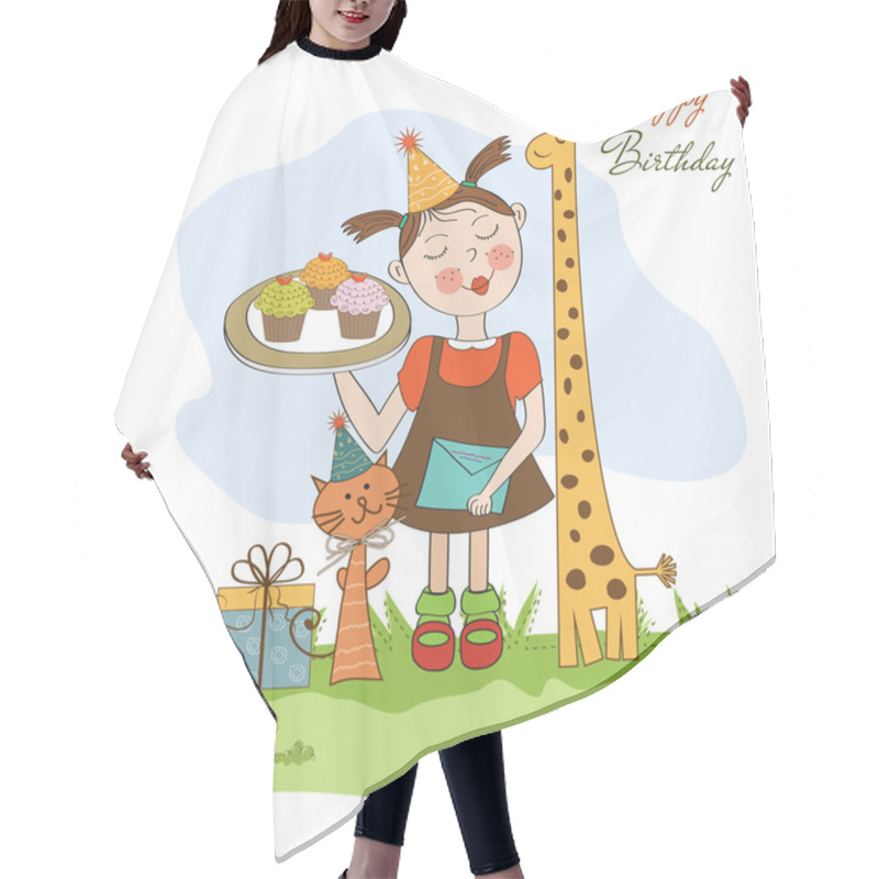 Personality  Happy Birthday Card With Funny Girl, Animals And Cupcakes Hair Cutting Cape