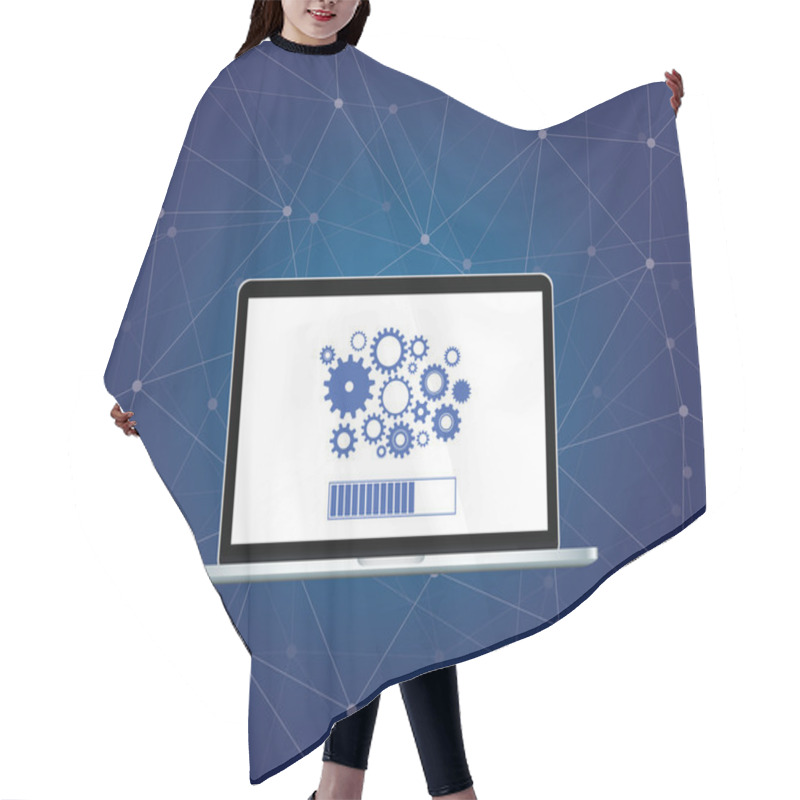 Personality  Install Installing Process With Gear On Screen Of The Laptop With Dot Galaxy Network Background Vector Graphic Hair Cutting Cape