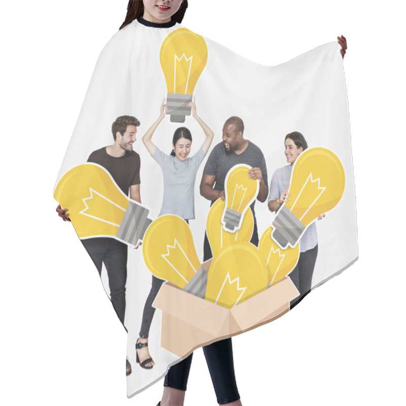 Personality  Group Of Diverse People With Bright Yellow Light Bulbs Hair Cutting Cape