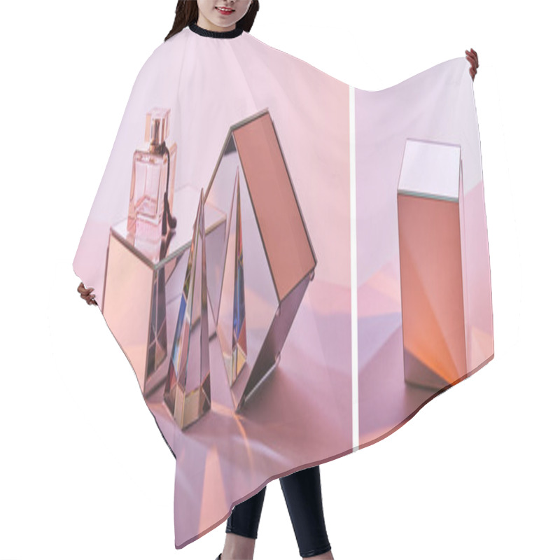 Personality  Collage Of Crystal Transparent Pyramid Near Perfume Bottle And Mirror Cubes On Pink Background Hair Cutting Cape