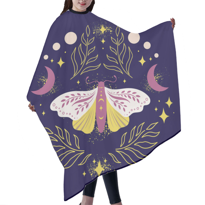 Personality  Butterfly Night Moth In A Frame Of Twigs With Crescents, Stars And Fairy Dust On Dark Background. Vector Symmetric Celestial Boho Print Hair Cutting Cape