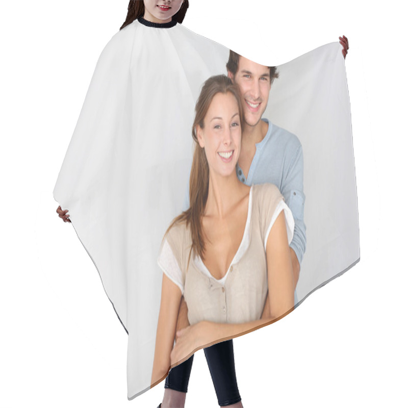 Personality  Cheerful Young Couple Standing On White Background, Isolated Hair Cutting Cape