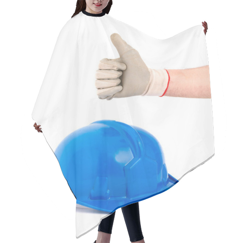 Personality  Safety Helmet And Hand Expressing Positivity With Ok Symbol Hair Cutting Cape