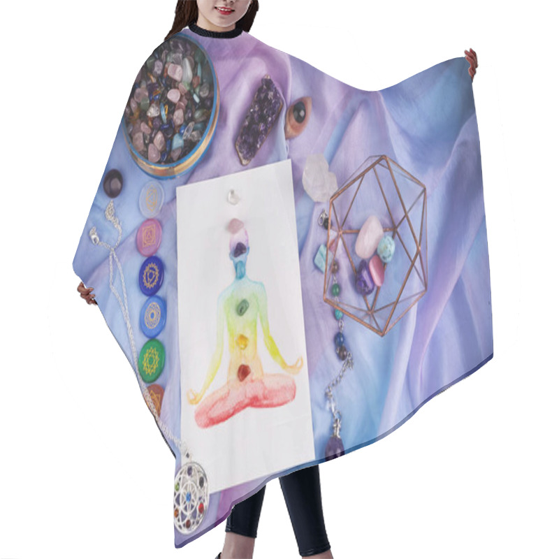 Personality  Natural Crystals And Pendulum On Pastel Silk Background. Reiki Background With Card. Hair Cutting Cape