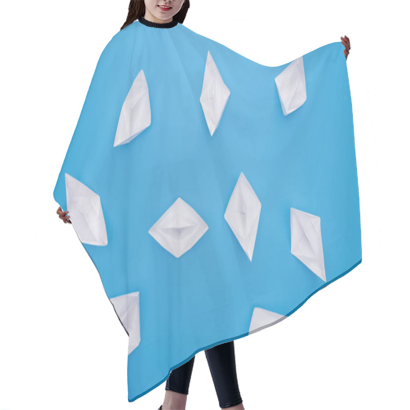 Personality  Top View Of White Paper Boats On Blue Surface Hair Cutting Cape