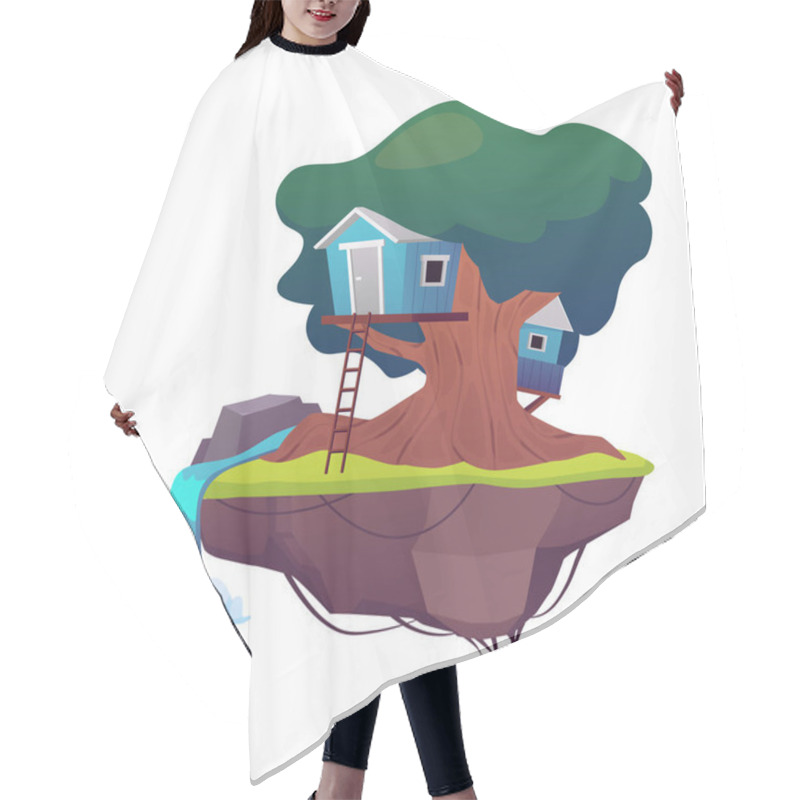 Personality  Game Island With Huts On The Tree Trunk In The Sky. Vector Flat Cartoon Cute Fairy Tale Village House With Stairs. Rural Village Wooden Dwelling On Floating Rock Land With Waterfall Hair Cutting Cape