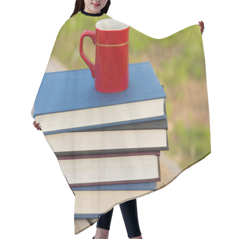 Personality  Pile Of Closed Book With Cup Of Coffee  Hair Cutting Cape